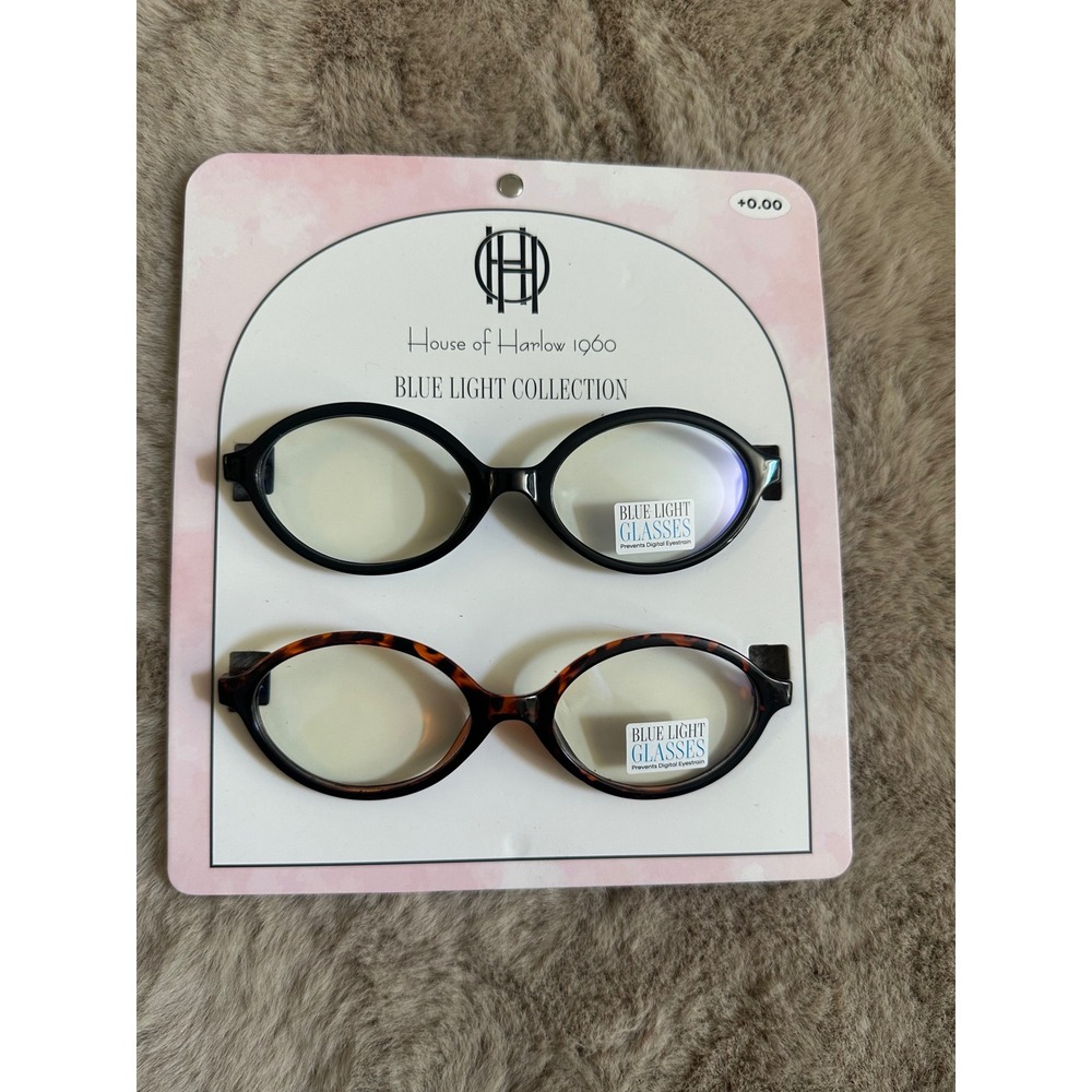 House of Harlow 1960 Blue Light Blocking Oval Glasses Set Black Tortoise +0.00